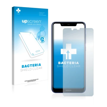 Parte frontale di una confezione del prodotto con il logo del marchio upscreen. Accanto è raffigurato il dispositivo Nokia 5.1