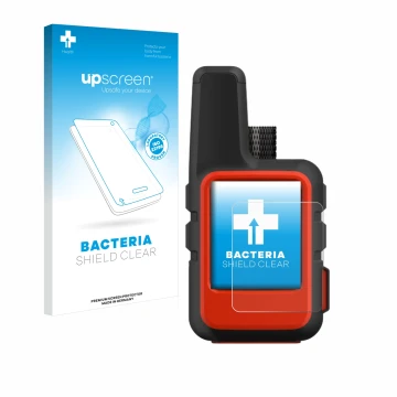 Parte frontale di una confezione del prodotto con il logo del marchio upscreen. Accanto è raffigurato il dispositivo Garmin in