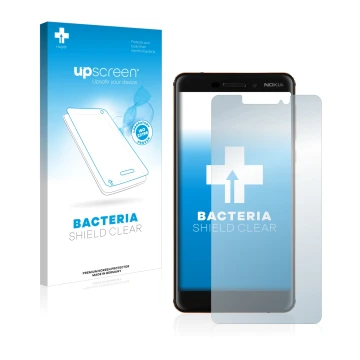 Parte frontale di una confezione del prodotto con il logo del marchio upscreen. Accanto è raffigurato il dispositivo Nokia 6.1