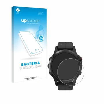 Parte frontale di una confezione del prodotto con il logo del marchio upscreen. Accanto è raffigurato il dispositivo Garmin Fe