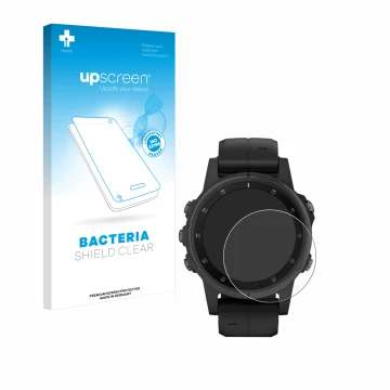 Parte frontale di una confezione del prodotto con il logo del marchio upscreen. Accanto è raffigurato il dispositivo Garmin Fe