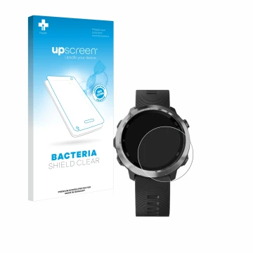 Parte frontale di una confezione del prodotto con il logo del marchio upscreen. Accanto è raffigurato il dispositivo Garmin Fo