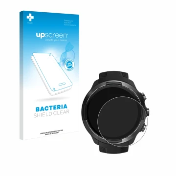 Parte frontale di una confezione del prodotto con il logo del marchio upscreen. Accanto è raffigurato il dispositivo Suunto 9 