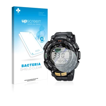 Parte frontale di una confezione del prodotto con il logo del marchio upscreen. Accanto è raffigurato il dispositivo Casio Pro