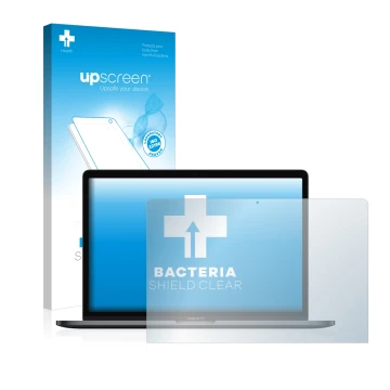 Parte frontale di una confezione del prodotto con il logo del marchio upscreen. Accanto è raffigurato il dispositivo Apple Mac