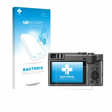 Parte frontale di una confezione del prodotto con il logo del marchio upscreen. Accanto è raffigurato il dispositivo Panasonic