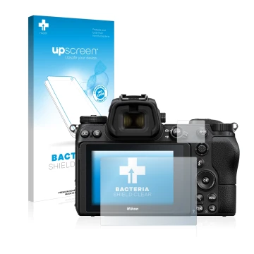 Parte frontale di una confezione del prodotto con il logo del marchio upscreen. Accanto è raffigurato il dispositivo Nikon Z 6