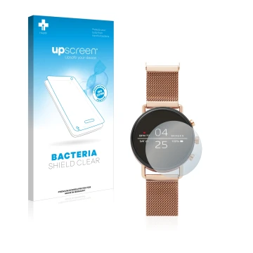 Parte frontale di una confezione del prodotto con il logo del marchio upscreen. Accanto è raffigurato il dispositivo Skagen Sm