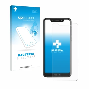Parte frontale di una confezione del prodotto con il logo del marchio upscreen. Accanto è raffigurato il dispositivo Motorola 