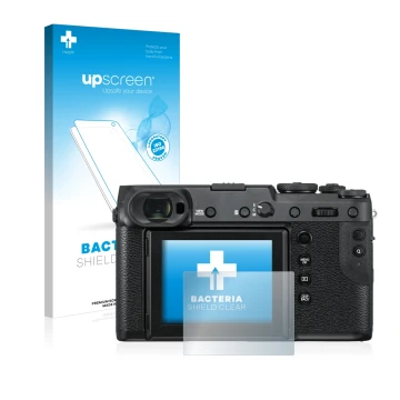 Parte frontale di una confezione del prodotto con il logo del marchio upscreen. Accanto è raffigurato il dispositivo Fujifilm 