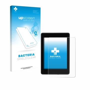 Parte frontale di una confezione del prodotto con il logo del marchio upscreen. Accanto è raffigurato il dispositivo Amazon Ki