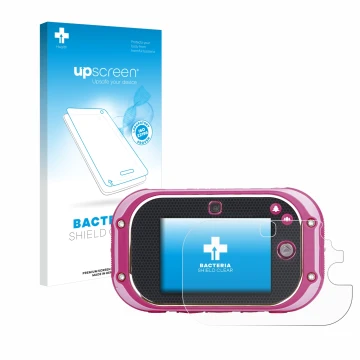 Parte frontale di una confezione del prodotto con il logo del marchio upscreen. Accanto è raffigurato il dispositivo Vtech Kid