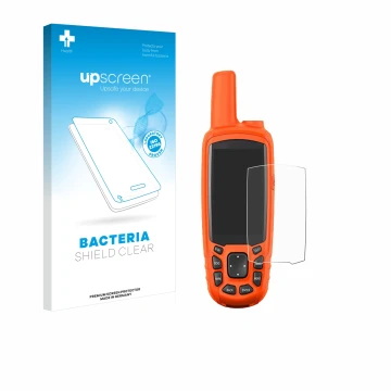 Parte frontale di una confezione del prodotto con il logo del marchio upscreen. Accanto è raffigurato il dispositivo Garmin As