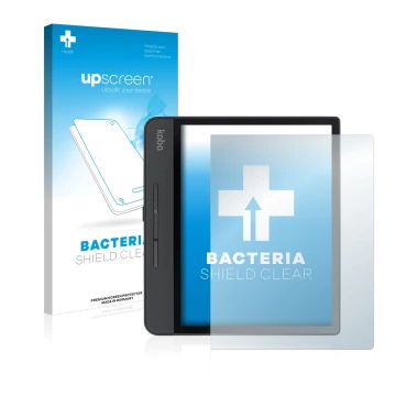 Parte frontale di una confezione del prodotto con il logo del marchio upscreen. Accanto è raffigurato il dispositivo Kobo Form