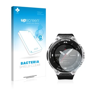 Parte frontale di una confezione del prodotto con il logo del marchio upscreen. Accanto è raffigurato il dispositivo Casio Pro