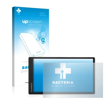 Parte frontale di una confezione del prodotto con il logo del marchio upscreen. Accanto è raffigurato il dispositivo Garmin Dr