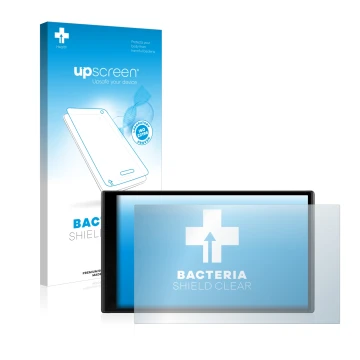 Parte frontale di una confezione del prodotto con il logo del marchio upscreen. Accanto è raffigurato il dispositivo Garmin Dr