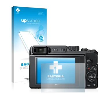 Parte frontale di una confezione del prodotto con il logo del marchio upscreen. Accanto è raffigurato il dispositivo Nikon Coo