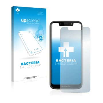 Parte frontale di una confezione del prodotto con il logo del marchio upscreen. Accanto è raffigurato il dispositivo Motorola 