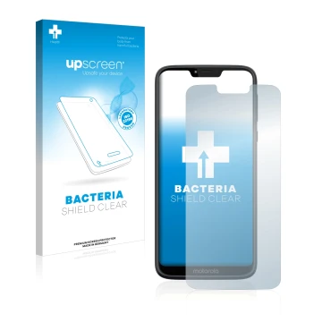 Parte frontale di una confezione del prodotto con il logo del marchio upscreen. Accanto è raffigurato il dispositivo Motorola 
