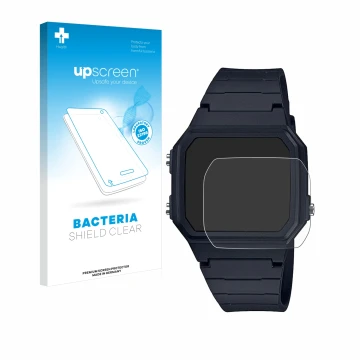 Parte frontale di una confezione del prodotto con il logo del marchio upscreen. Accanto è raffigurato il dispositivo Casio Uni