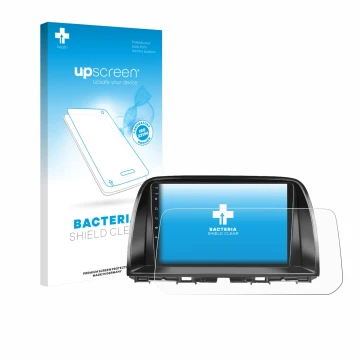 Parte frontale di una confezione del prodotto con il logo del marchio upscreen. Accanto è raffigurato il dispositivo Mazda CX-