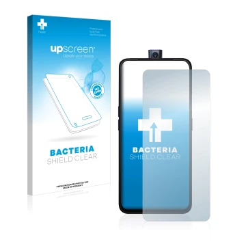 Parte frontale di una confezione del prodotto con il logo del marchio upscreen. Accanto è raffigurato il dispositivo Oppo F11 