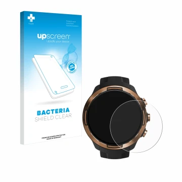 Parte frontale di una confezione del prodotto con il logo del marchio upscreen. Accanto è raffigurato il dispositivo Suunto 9 