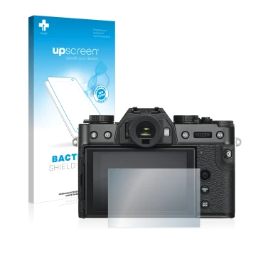 Parte frontale di una confezione del prodotto con il logo del marchio upscreen. Accanto è raffigurato il dispositivo Fujifilm 