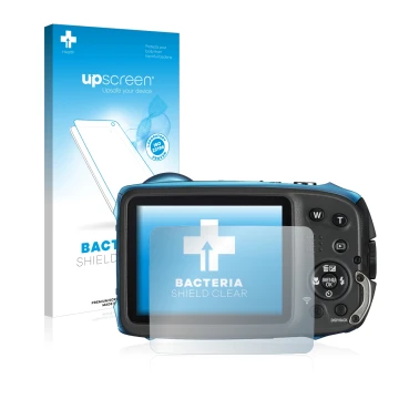 Parte frontale di una confezione del prodotto con il logo del marchio upscreen. Accanto è raffigurato il dispositivo Fujifilm 