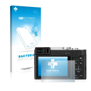 Parte frontale di una confezione del prodotto con il logo del marchio upscreen. Accanto è raffigurato il dispositivo Panasonic