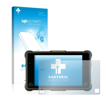 Parte frontale di una confezione del prodotto con il logo del marchio upscreen. Accanto è raffigurato il dispositivo Atomos Sh