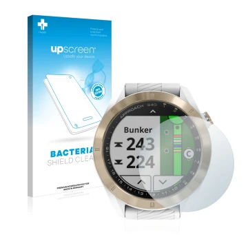 Parte frontale di una confezione del prodotto con il logo del marchio upscreen. Accanto è raffigurato il dispositivo Garmin Ap