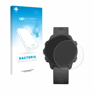Parte frontale di una confezione del prodotto con il logo del marchio upscreen. Accanto è raffigurato il dispositivo Garmin Fo