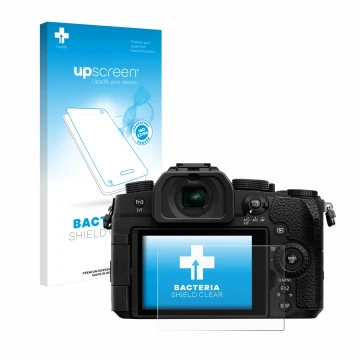 Parte frontale di una confezione del prodotto con il logo del marchio upscreen. Accanto è raffigurato il dispositivo Panasonic