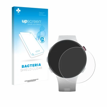Parte frontale di una confezione del prodotto con il logo del marchio upscreen. Accanto è raffigurato il dispositivo Garmin Fo