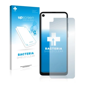Parte frontale di una confezione del prodotto con il logo del marchio upscreen. Accanto è raffigurato il dispositivo Motorola 
