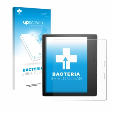 Parte frontale di una confezione del prodotto con il logo del marchio upscreen. Accanto è raffigurato il dispositivo Amazon Ki