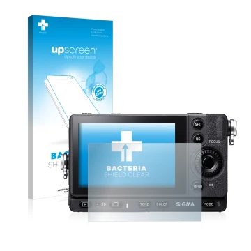 Parte frontale di una confezione del prodotto con il logo del marchio upscreen. Accanto è raffigurato il dispositivo Sigma FP 