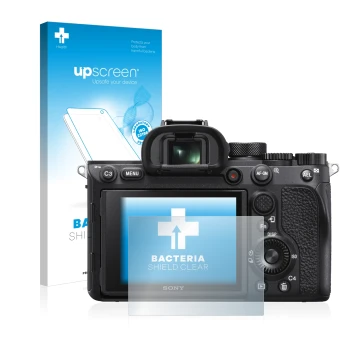 Parte frontale di una confezione del prodotto con il logo del marchio upscreen. Accanto è raffigurato il dispositivo Sony Alph