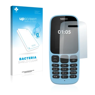 Parte frontale di una confezione del prodotto con il logo del marchio upscreen. Accanto è raffigurato il dispositivo Nokia 105