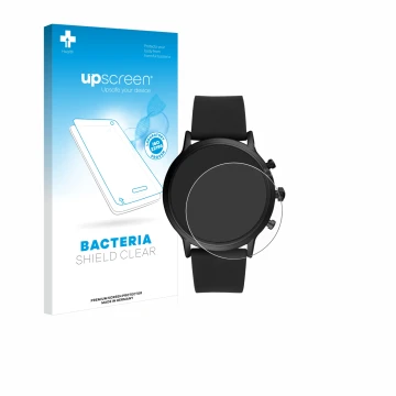 Parte frontale di una confezione del prodotto con il logo del marchio upscreen. Accanto è raffigurato il dispositivo Fossil Th