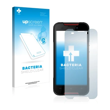 Parte frontale di una confezione del prodotto con il logo del marchio upscreen. Accanto è raffigurato il dispositivo Cubot Que