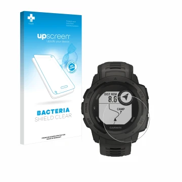Parte frontale di una confezione del prodotto con il logo del marchio upscreen. Accanto è raffigurato il dispositivo Garmin In
