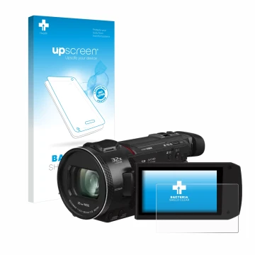 Parte frontale di una confezione del prodotto con il logo del marchio upscreen. Accanto è raffigurato il dispositivo Panasonic