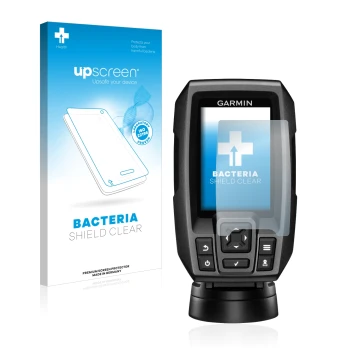 Parte frontale di una confezione del prodotto con il logo del marchio upscreen. Accanto è raffigurato il dispositivo Garmin St