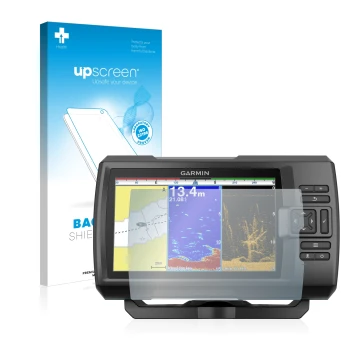 Parte frontale di una confezione del prodotto con il logo del marchio upscreen. Accanto è raffigurato il dispositivo Garmin St