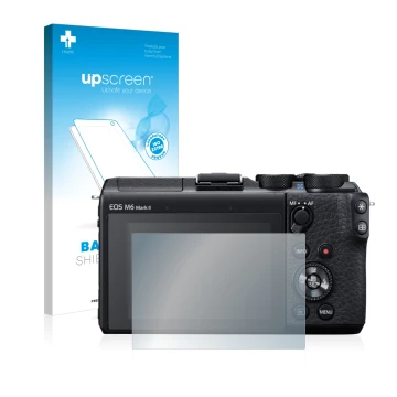 Parte frontale di una confezione del prodotto con il logo del marchio upscreen. Accanto è raffigurato il dispositivo Canon EOS