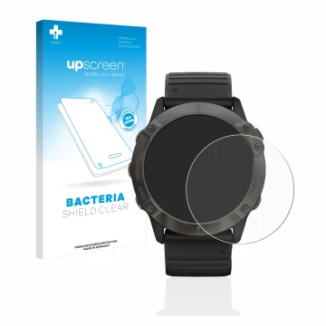 Parte frontale di una confezione del prodotto con il logo del marchio upscreen. Accanto è raffigurato il dispositivo Garmin Fe