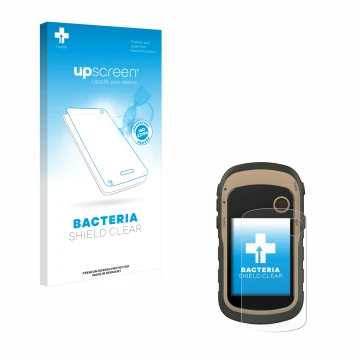 Parte frontale di una confezione del prodotto con il logo del marchio upscreen. Accanto è raffigurato il dispositivo Garmin eT